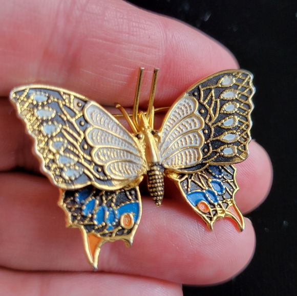 Vintage Jewelry - Vintage Butterfly Brooch Made In Spain Goldtone Enamel